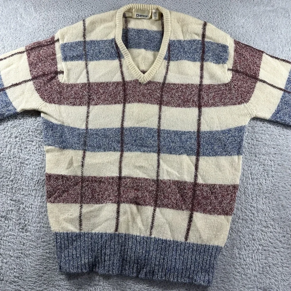VINTAGE Damon Sweater Mens XL Stripe Pattern England Long‎ Sleeve V Neck Plaid